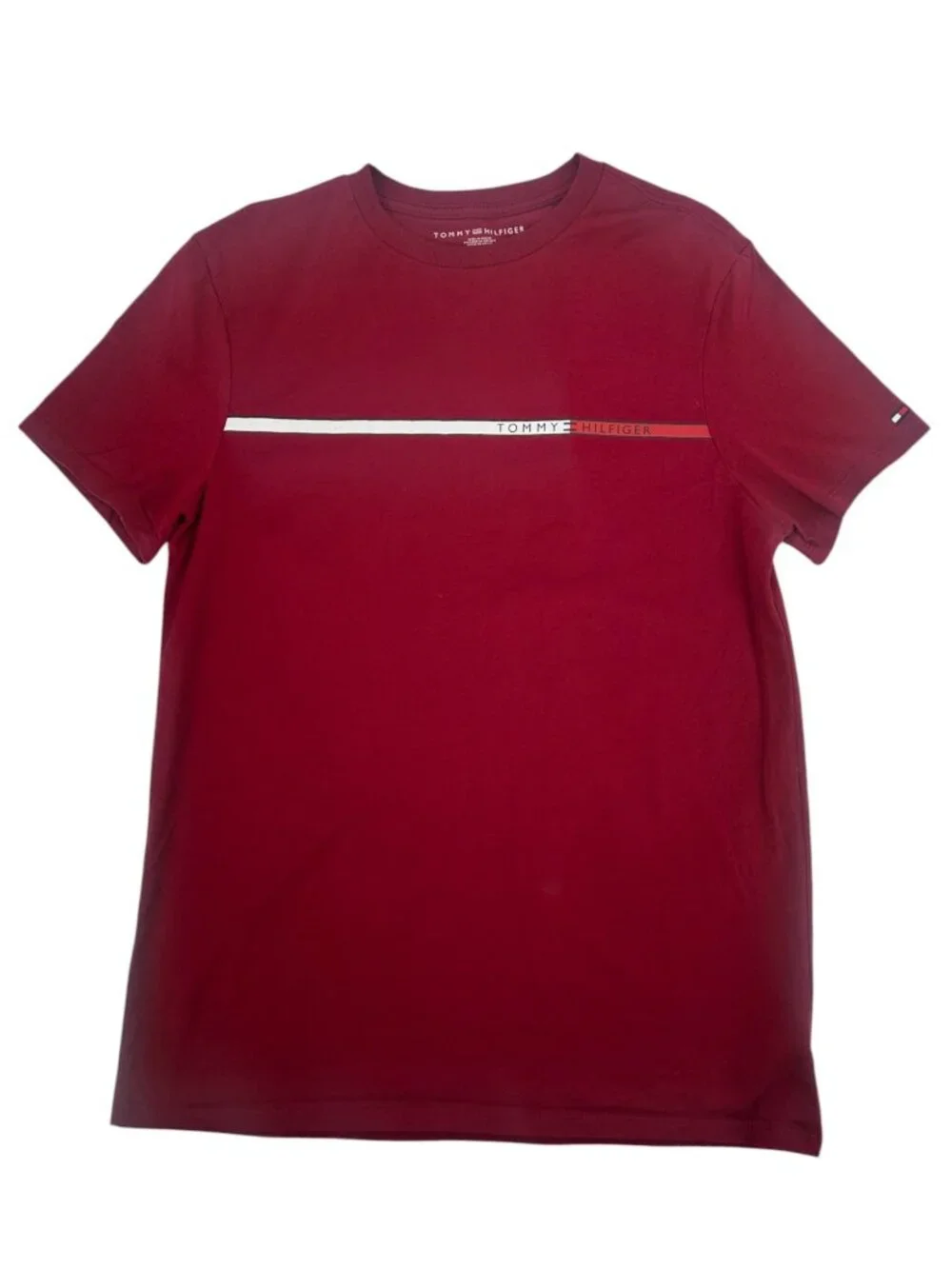 Tommy Hilfiger Men's T Shirt Small Burgundy Stripe Logo Cotton Casual Crewneck